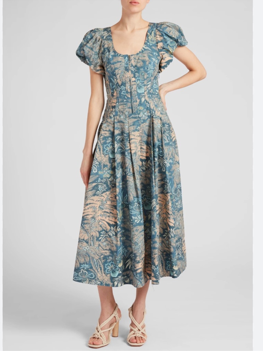 Ulla Johnson Teal and Tan Floral Midi Skirt